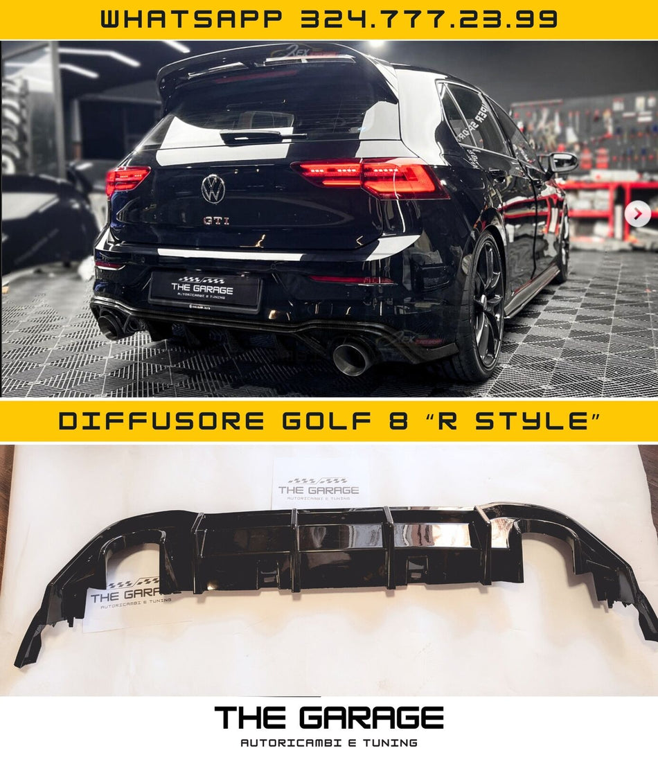 DIFFUSORE POSTERIORE "R LOOK" per VW GOLF 8 TSI TDI  - 2 Uscite NERO LUCIDO