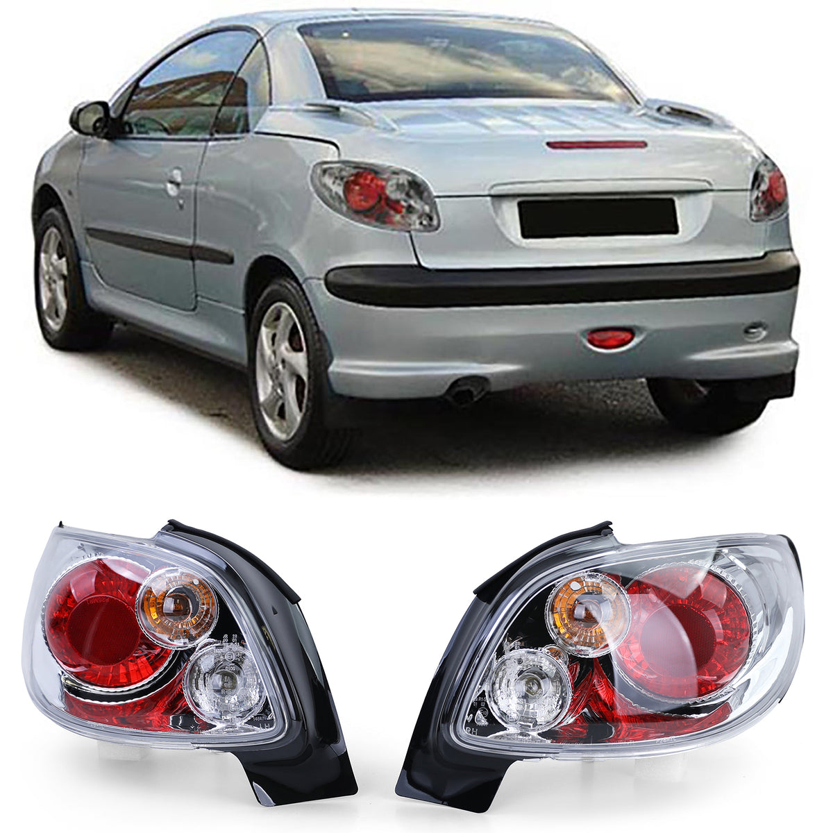 Fanali Posteriori Vetro Trasparente Cromato per Peugeot 206 CC Coupé Cabrio