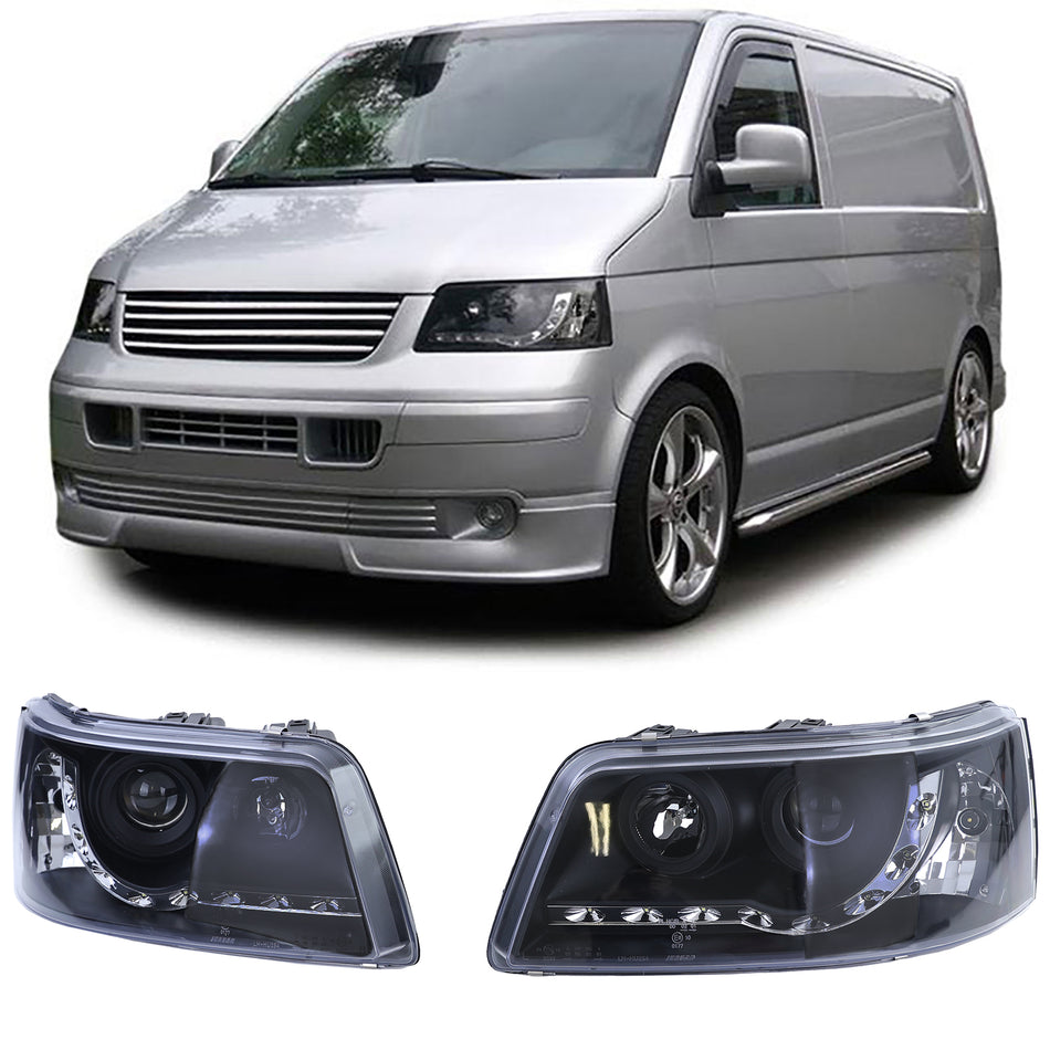 Fari con LED Luci Diurne Neri per Volkswagen Transporter Bus T5 2003-2009