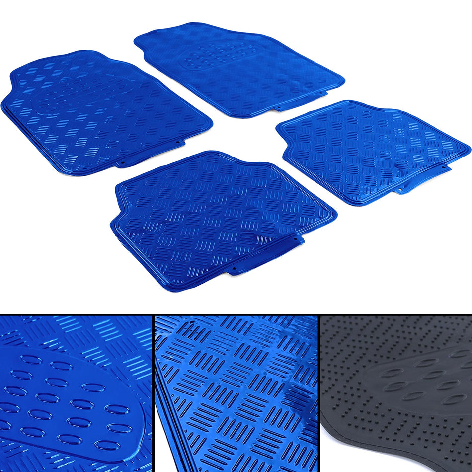 Tappetini 4 Pezzi in Materiale Gomma Look Alluminio Riffelato Cromato Blu