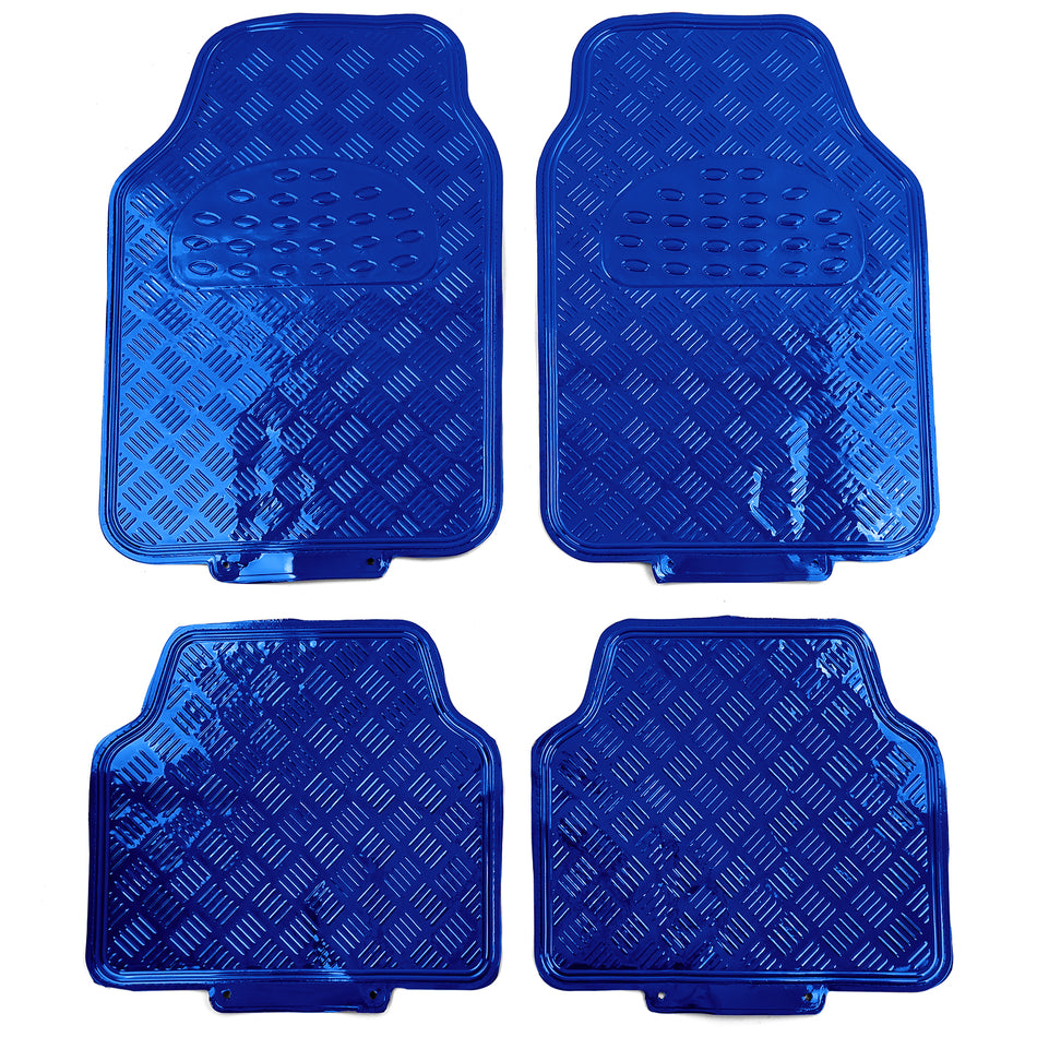 Tappetini 4 Pezzi in Materiale Gomma Look Alluminio Riffelato Cromato Blu