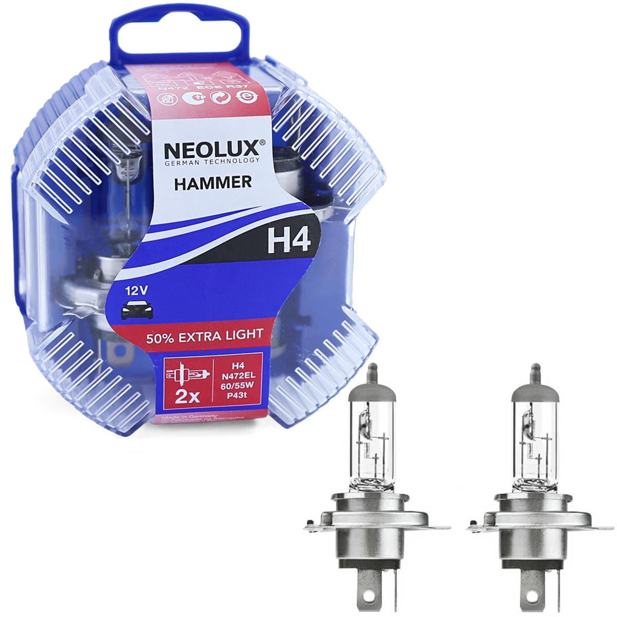 NEOLUX Von Osram - H4 Extra Light +50% 60/55W 12V Halogen 2 Pezzi Universale