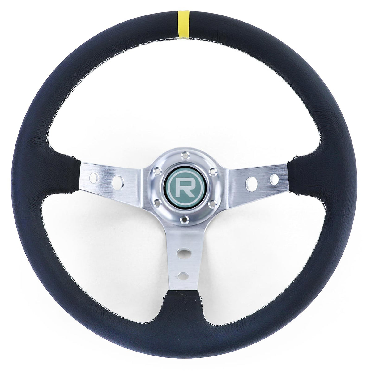 Volante Sportivo a Raggi Tipo 2 in Pelle Vera Alluminio Nero 350mm Universale