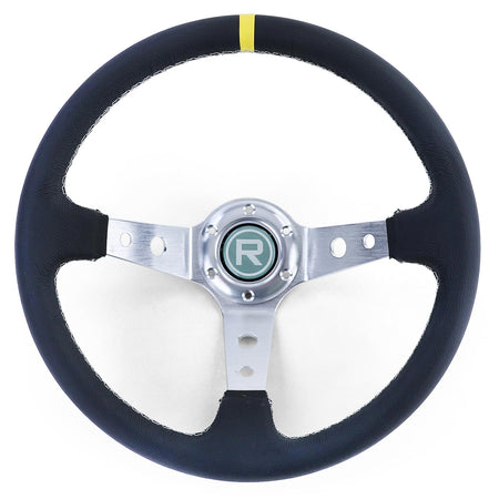Volante Sportivo a Raggi Tipo 2 in Pelle Vera Alluminio Nero 350mm Universale