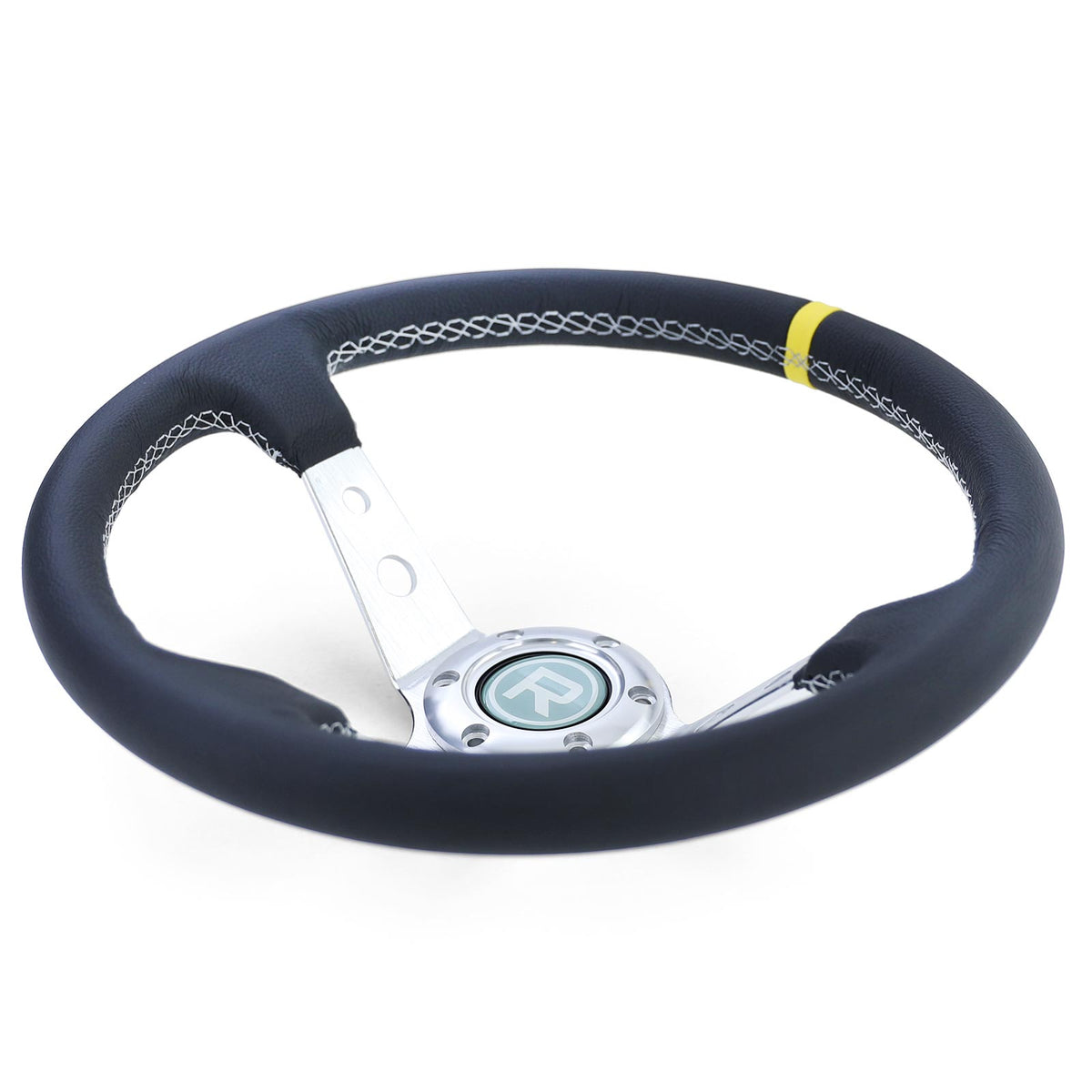 Volante Sportivo a Raggi Tipo 2 in Pelle Vera Alluminio Nero 350mm Universale