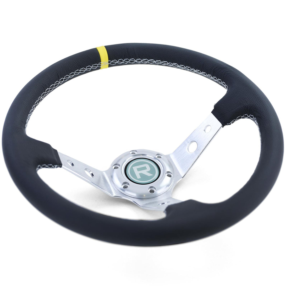 Volante Sportivo a Raggi Tipo 2 in Pelle Vera Alluminio Nero 350mm Universale
