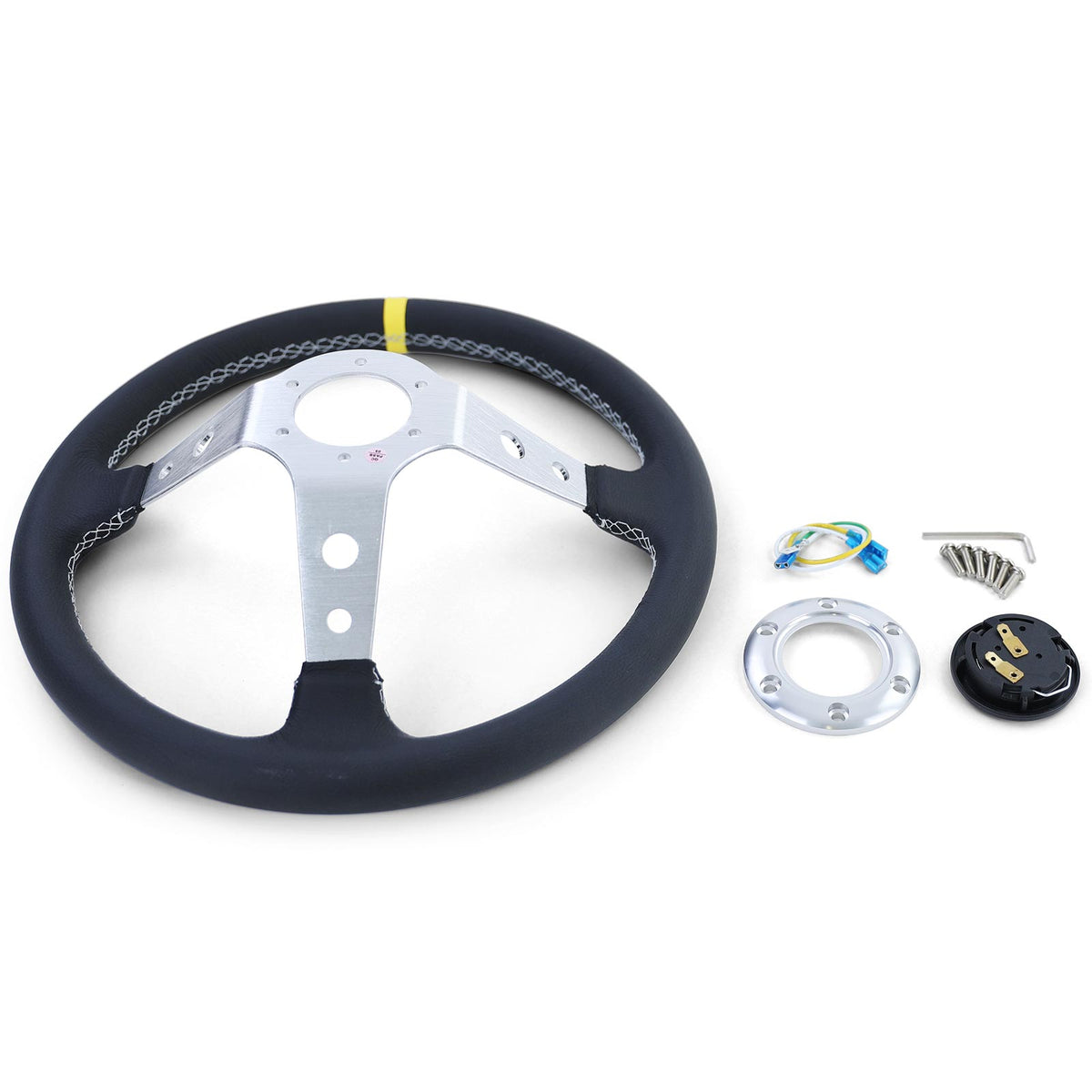Volante Sportivo a Raggi Tipo 2 in Pelle Vera Alluminio Nero 350mm Universale