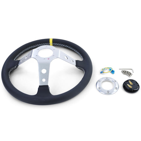 Volante Sportivo a Raggi Tipo 2 in Pelle Vera Alluminio Nero 350mm Universale
