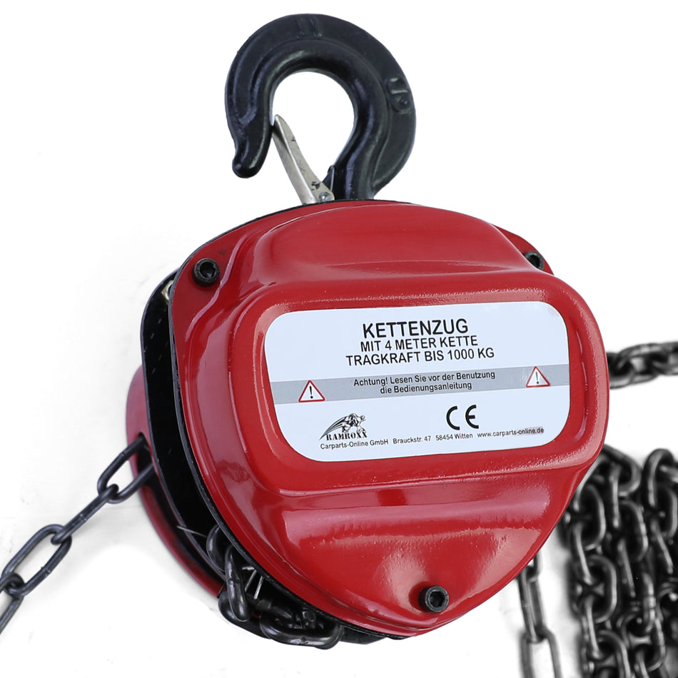 RAMROXX Professionale Paranco 1000 Kg – 4 M Altezza di Sollevamento – Rosso