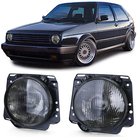Fari H4 Neri Fumè con Vetro Rigato per Volkswagen Golf 1983-1991