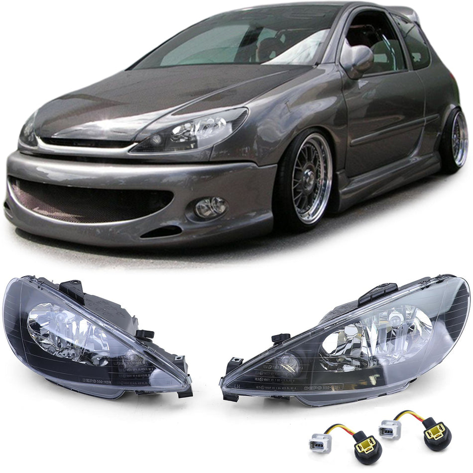 Fari Vetro Trasparente Neri H7 con Adattatore per Peugeot 206 (1998-2008)
