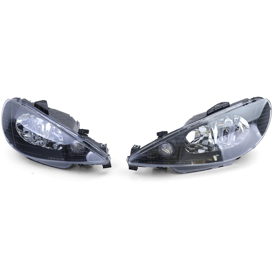 Fari Vetro Trasparente Neri H7 con Adattatore per Peugeot 206 (1998-2008)