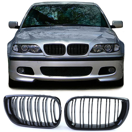 Griglia Doppia Barra Nera Lucida per BMW Serie 3 E46 2001-2005 Plug & Play