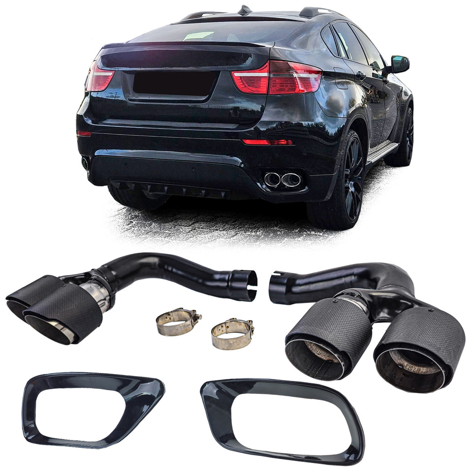 Terminali Scarico Doppio Tubo Carbonio per BMW X6 E71 2008-2014 Diesel 30d 40d