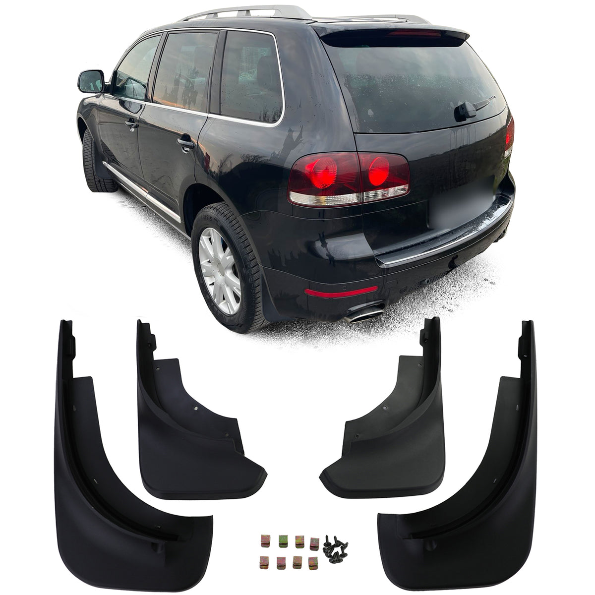 Paraspruzzi Set Anteriore e Posteriore Nero per Volkswagen Touareg I 7L