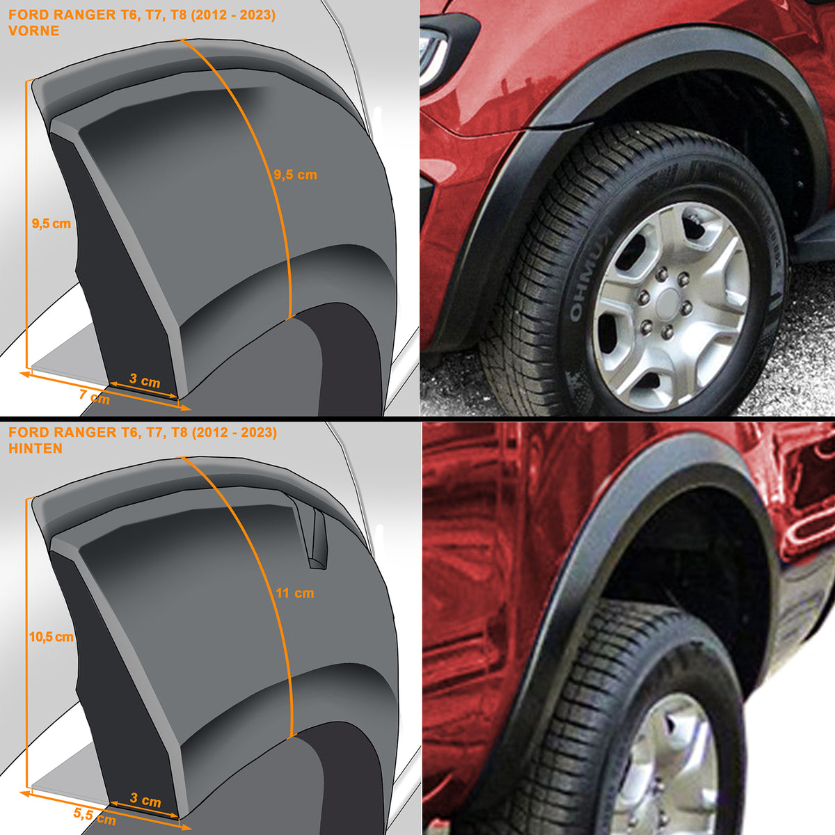 Allargamento Passaruota 6 Pezzi per Ford Ranger T6 T7 T8 2012-2022 Nero Lucido