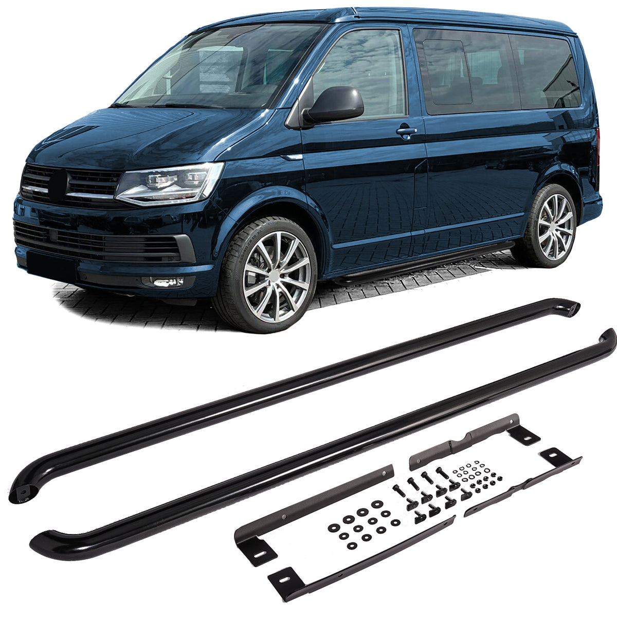 Pedane Laterali in Acciaio Inox Nero per Volkswagen T5 T6 T6.1 Lungo