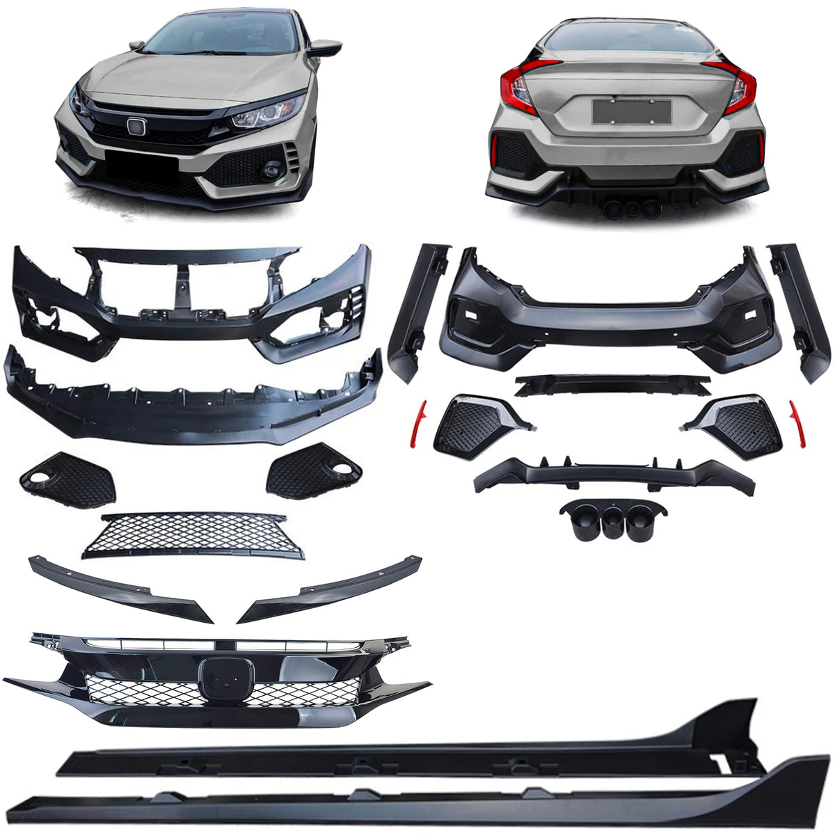 Bodykit Completo per Honda Civic FC 2016-2020 Berlina, ABS, Nero Lucido