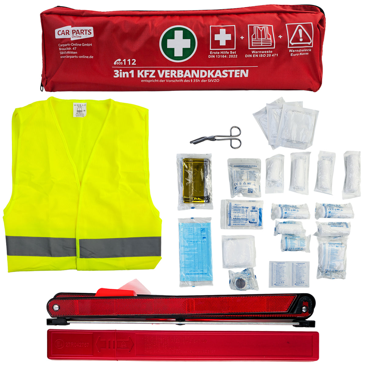 KFZ Verbandskasten 3 In1 Set Prima Emergenza DIN 13164 + Giubbotto + Triangolo