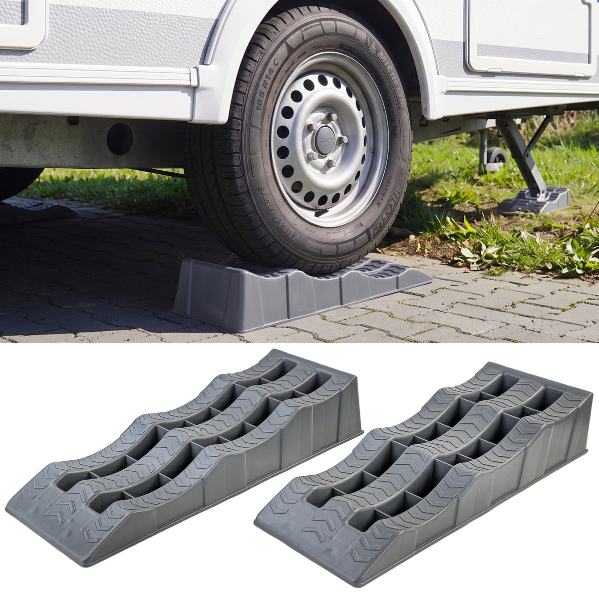 2X Stufenkeile Auffahrkeile Rampen Grigio per Universale Camper Caravan