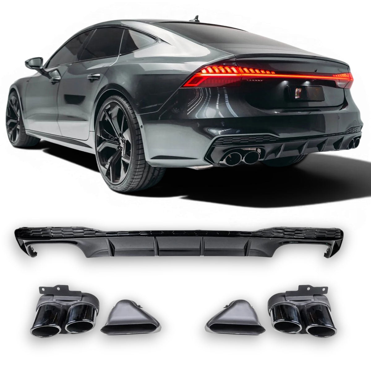 Diffusore Posteriore con Terminali di Scarico 2X2 Nero per Audi A7 4K 2019-2024