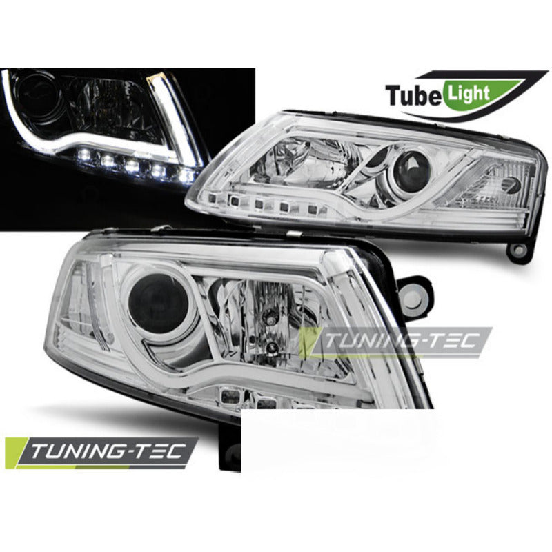 Fari Tube Luce Cromo per Audi A6 C6 (04.04-08) Fanali Anteriori