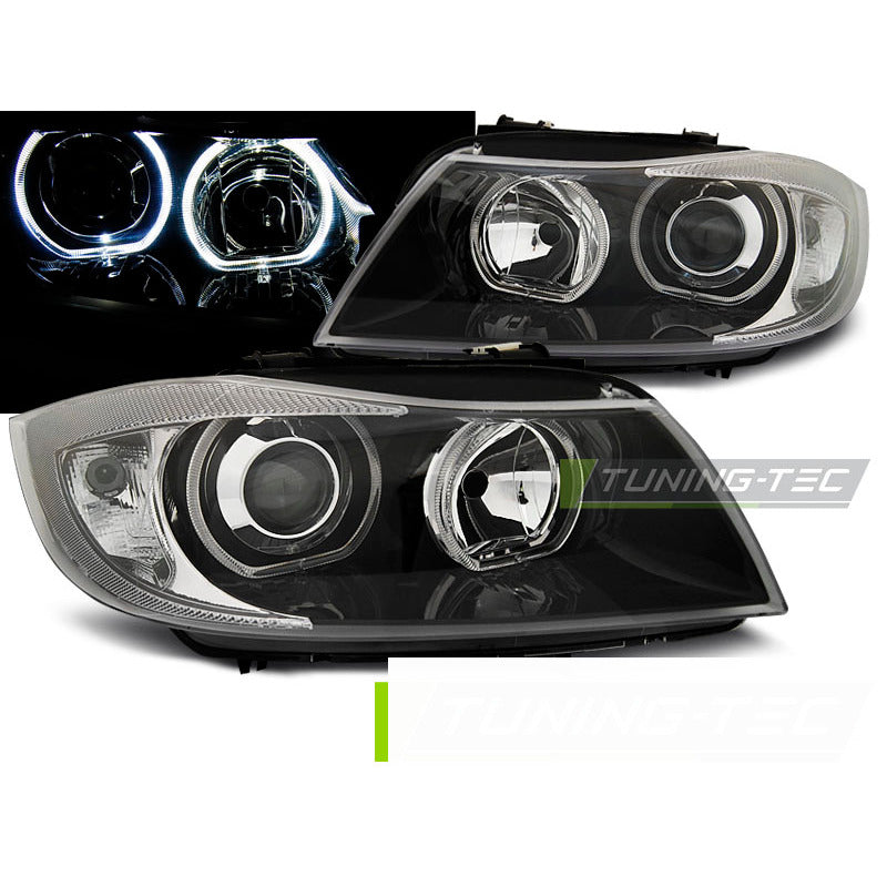 Fari Angel Eyes LED Nero per BMW E90/E91 (03-11) Fanali Anteriori Neri