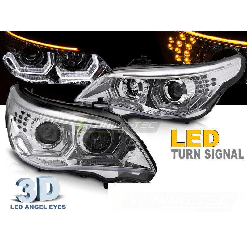Fari Angel Eyes LED 3D Cromato per BMW E60 E61 (03-07) Fanali Anteriori