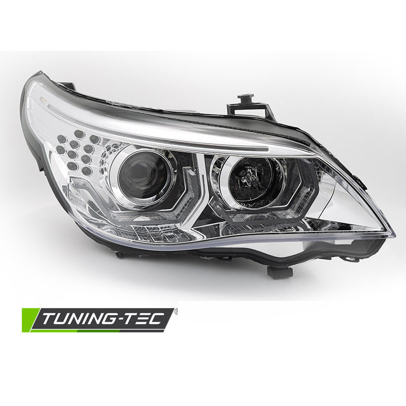 Fari Angel Eyes LED 3D Cromato per BMW E60 E61 (03-07) Fanali Anteriori