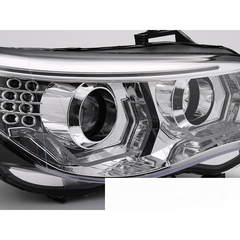 Fari Angel Eyes LED 3D Cromato per BMW E60 E61 (03-07) Fanali Anteriori