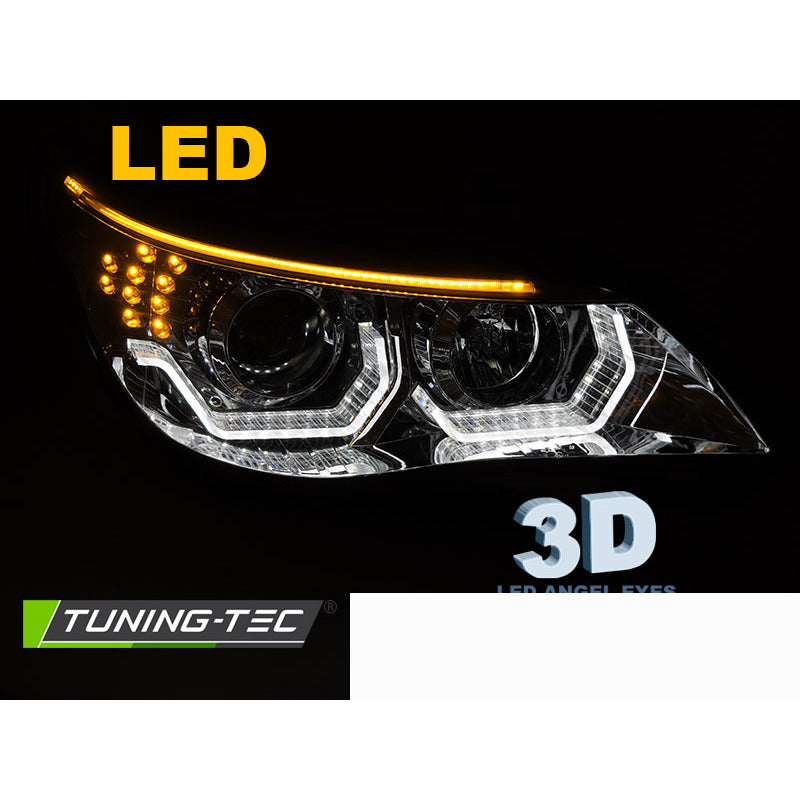 Fari Angel Eyes LED 3D Cromato per BMW E60 E61 (03-07) Fanali Anteriori