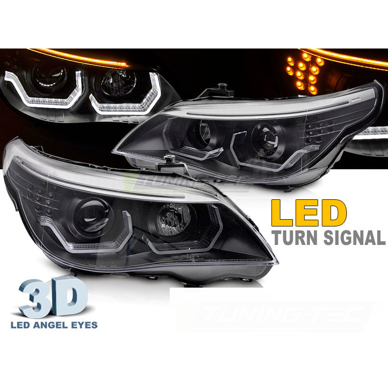 Fari Angel Eyes LED 3D Nero per BMW E60 E61 (2003-2007) Fari Anteriori