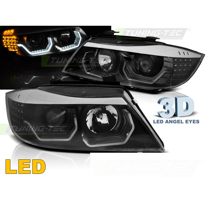 Fari Angel Eyes LED 3D Nero per BMW E90/E91 (2005-2008) Fanali Anteriori