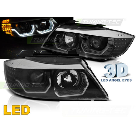 Fari Angel Eyes LED 3D Nero per BMW E90/E91 (2005-2008) Fanali Anteriori