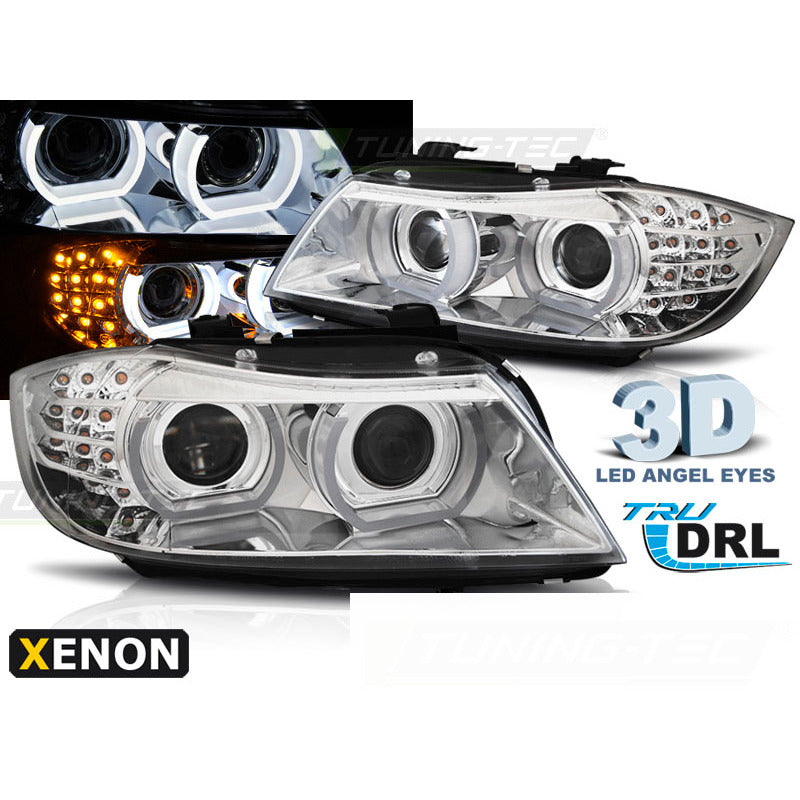 Xenon Fari Angel Eyes LED DRL Cromato per BMW E90/E91 (09-11)