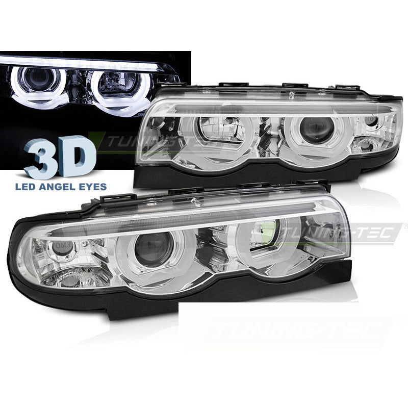 Fari Angel Eyes LED 3D Cromato per BMW E38 (1994-2001) Fanali Anteriori