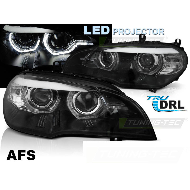 Fari Anteriori LED Angel Eyes DRL Neri AFS per BMW X5 E70 (2007-2013)