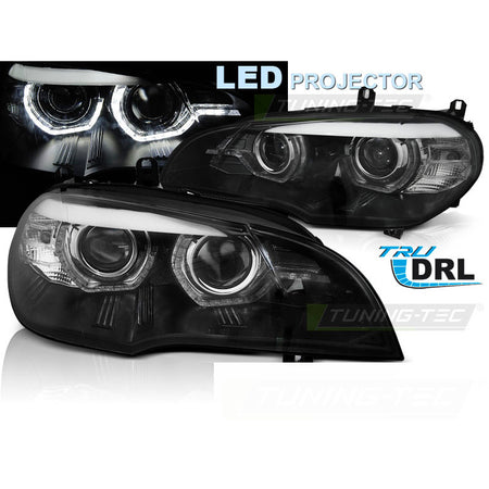 Fari Anteriori LED Angel Eyes DRL Neri per BMW X5 E70 (2007-2013)