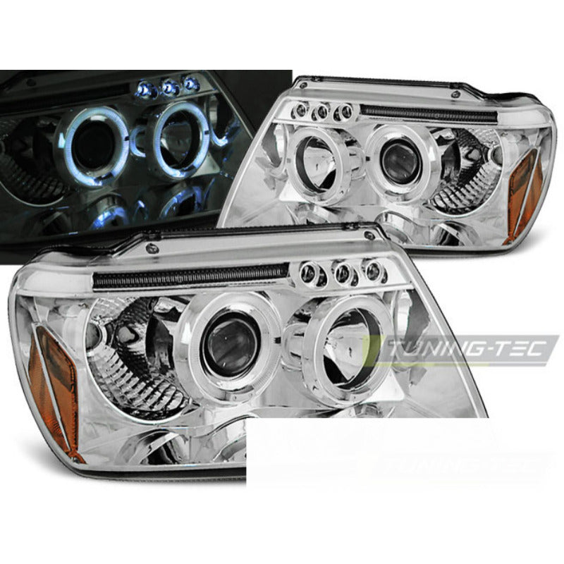 Jeep Grand Cherokee 99-05.05 Fanali Angel Eyes Cromato Anteriori Finitura Cromo