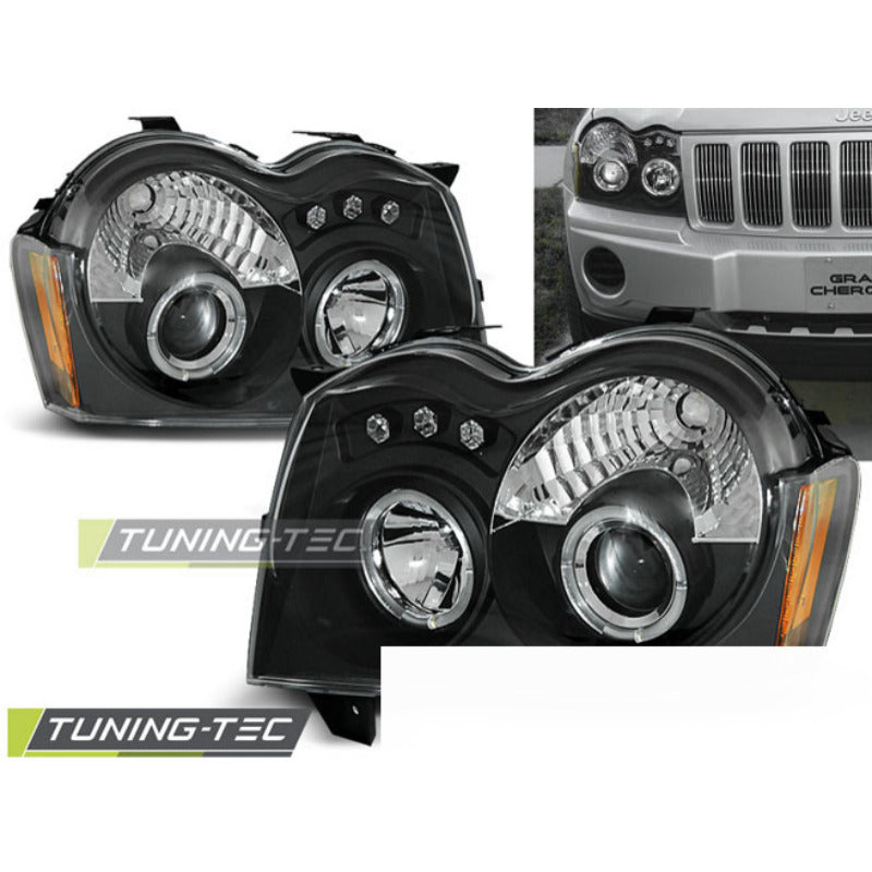 Jeep Grand Cherokee 05-08 Angel Eyes Nero Fari Anteriori LED Neri 2 Pezzi