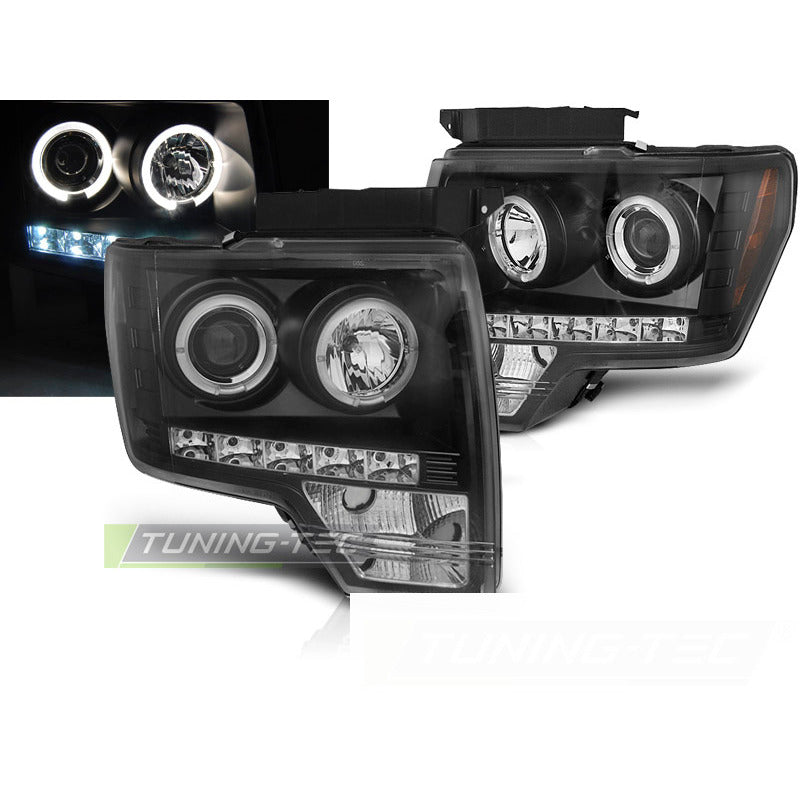 Ford F150 08-14 Fanali Angel Eyes Neri per MK12, Luci Anteriori LED