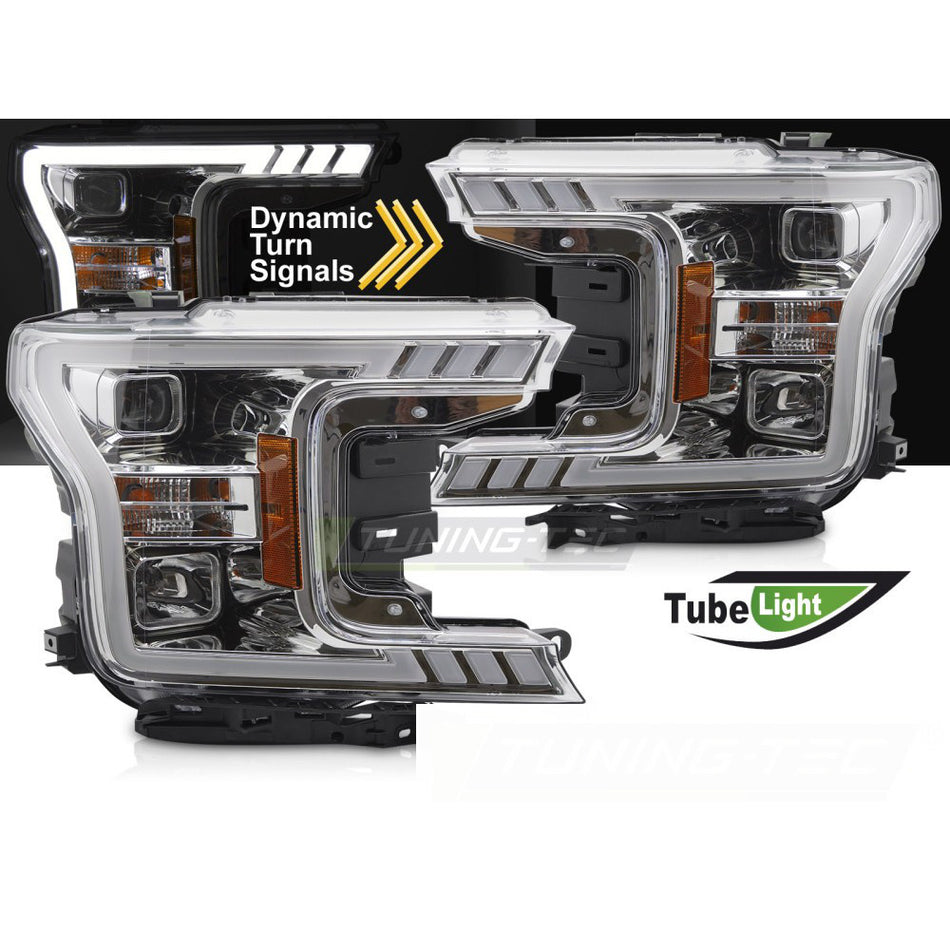 Fari Tube Cromato per Ford F150 MK13 (2017-2020) Fanali Anteriori 2 Pezzi