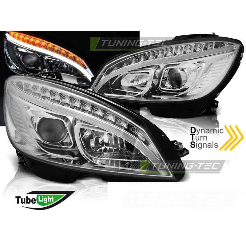 Fari Anteriori a Tubo Cromati Sequenziali per Mercedes W204 07-10
