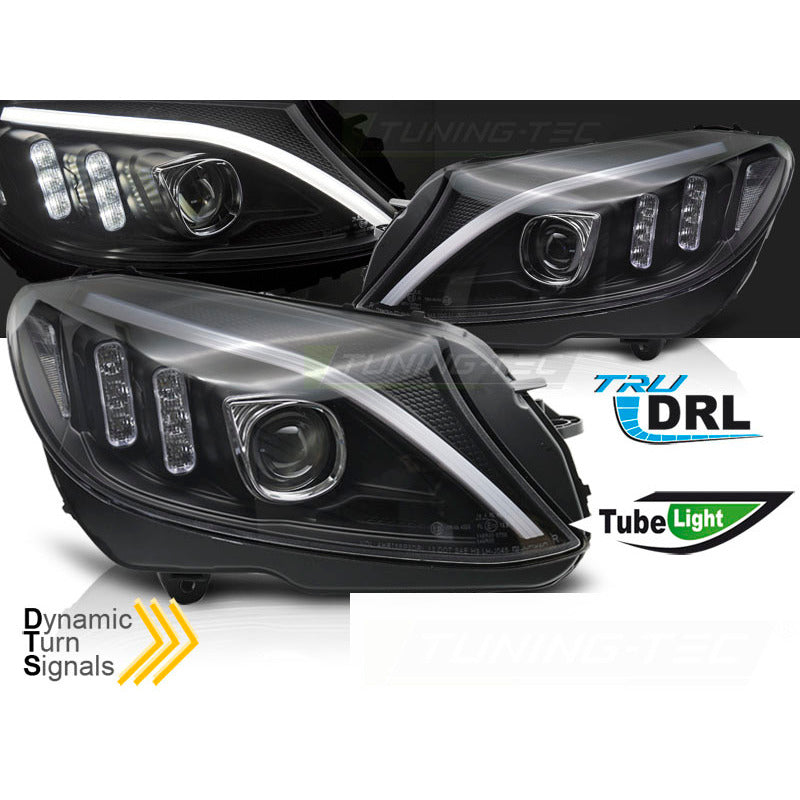 Fari Tube LED Nero per Mercedes W205 (2014-2018) Fanali Anteriori Neri