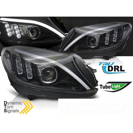 Fari Tube LED Nero per Mercedes W205 (2014-2018) Fanali Anteriori Neri