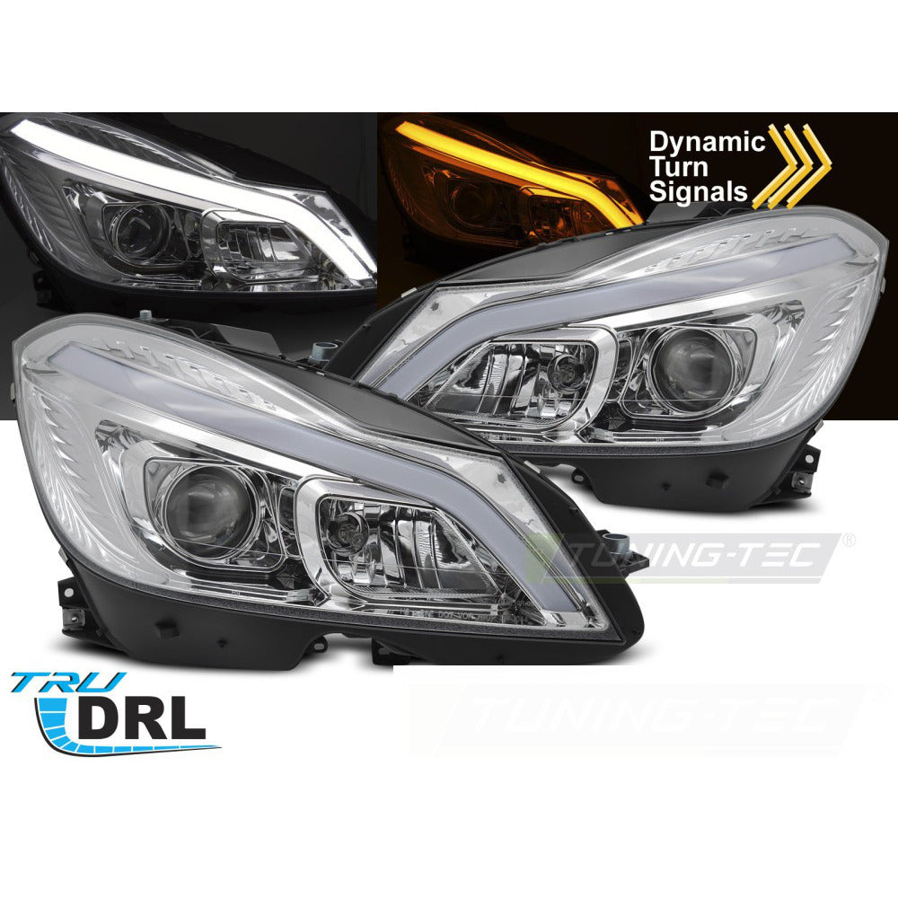 Fari Tube LED Cromato Sequenziali DRL per Mercedes W204 (2011-2014) Luci Diurne