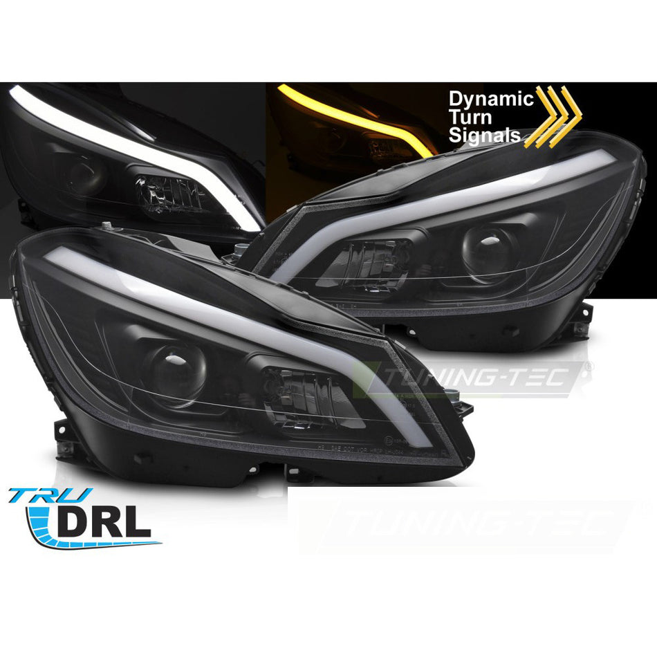 Fari Tube LED Nero Sequenziali DRL per Mercedes W204 (2011-2014) Luci Diurne