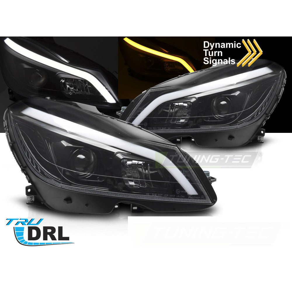 Fari Tube LED Nero Lucido Sequenziali DRL per Mercedes W204 (2011-2014)
