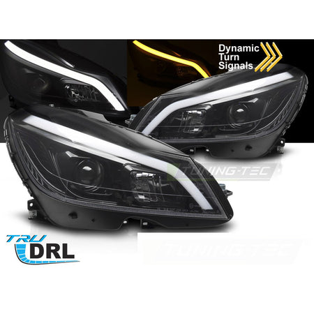 Fari Tube LED Nero Lucido Sequenziali DRL per Mercedes W204 (2011-2014)