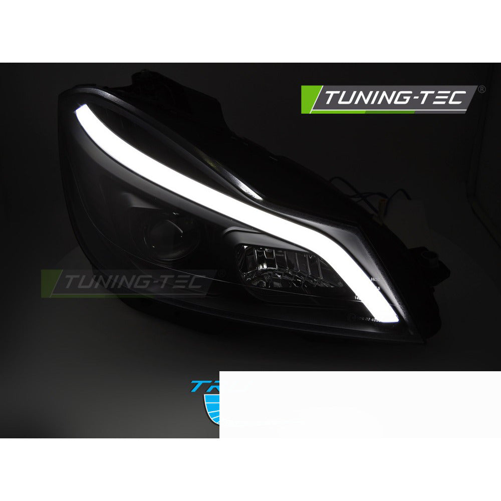 Fari Tube LED Nero Lucido Sequenziali DRL per Mercedes W204 (2011-2014)